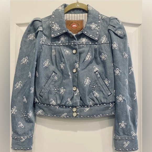 Marc Jacobs Stud Broderie Anglaise Daisy Embroidered Denim Jacket In Blue - Picture 1 of 13